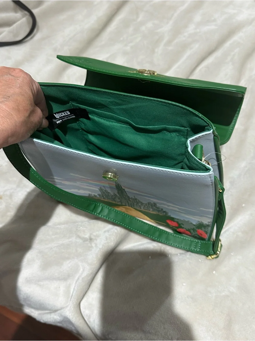 Green Illustrated Crossbody Bag with Gold Emblem
